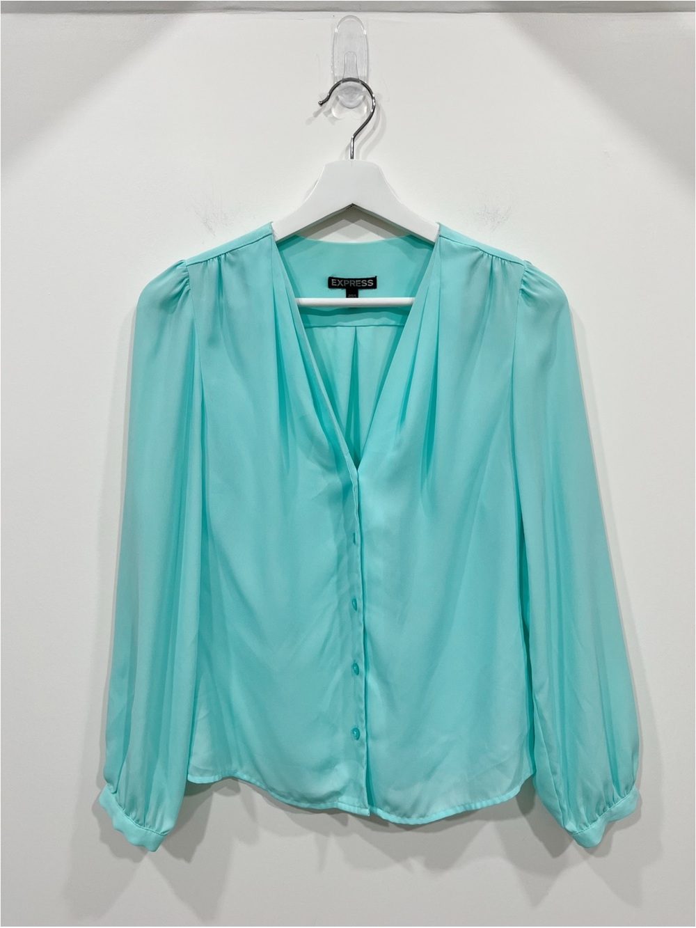 Express Turquoise Aqua Chiffon Button Front Blouse Long Sleeve XS